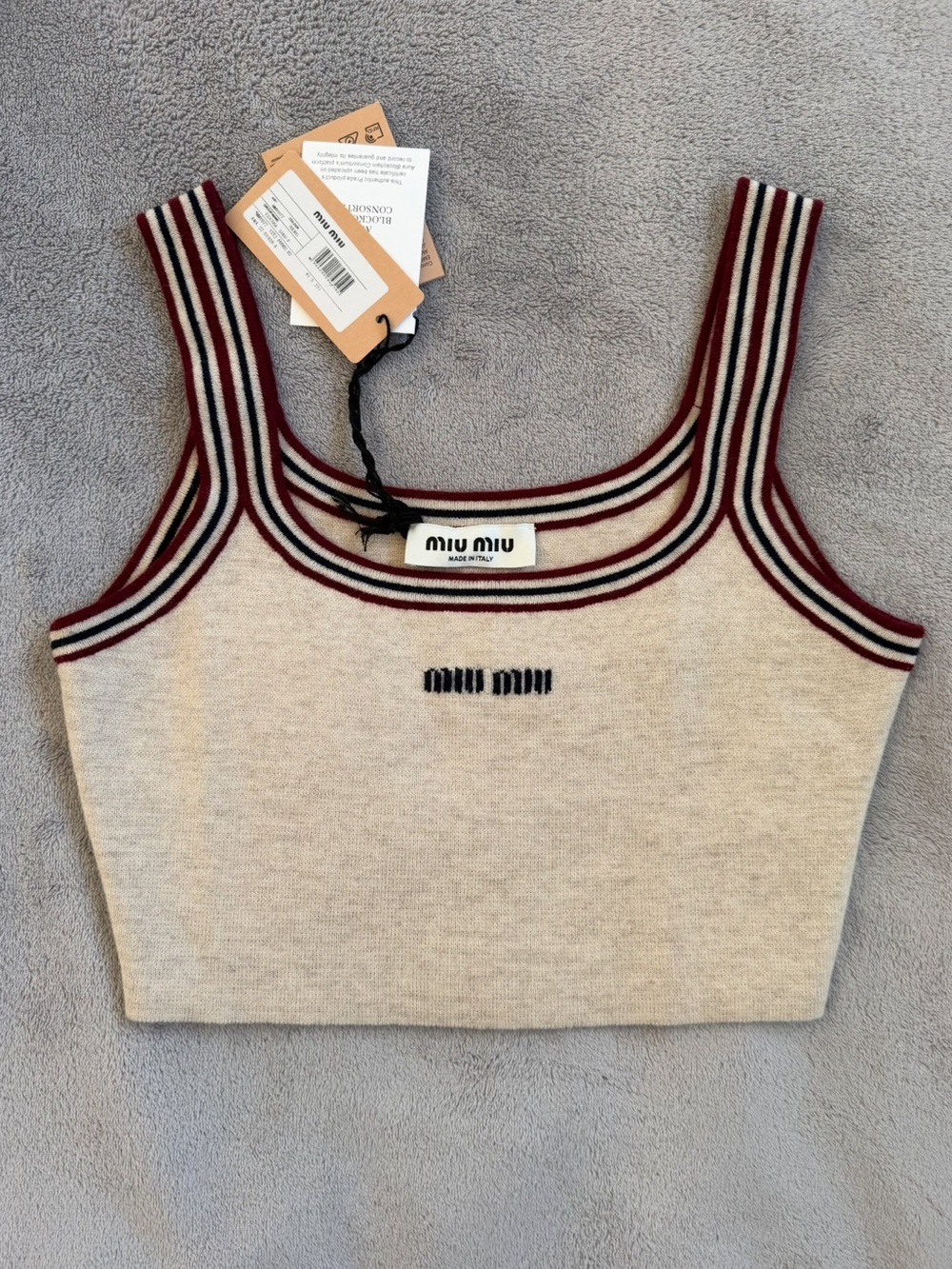 Miu Miu Beige Cream stripe-trim cashmere cropped top tank size S